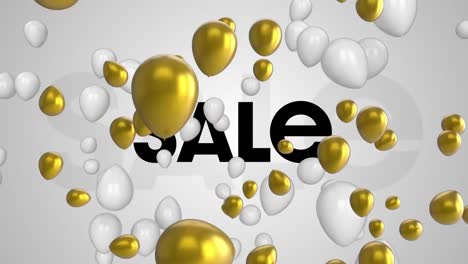 Animation-of-golden-and-white-balloons-floating-over-sale-text-banner-against-grey-background