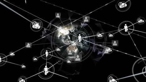 Animation-of-network-of-digital-icons-over-spinning-globe-against-black-background