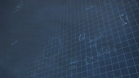 Animation-of-mathematical-equations-and-formulas-floating-against-blue-chalkboard-background