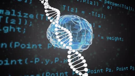 Animation-of-dna-structure-and-human-brain-icon-spinning-against-data-processing-and-green-spots