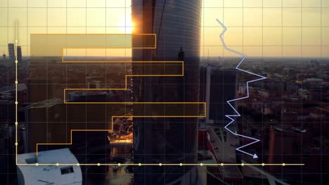 Animation-of-statistical-data-processsing-over-aerial-view-of-cityscape-against-sunset-sky