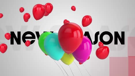 Animation-Eines-Haufens-Bunter-Luftballons-Und-Roter-Luftballons,-Die-Vor-Dem-Textbanner-Der-Neuen-Saison-Schweben