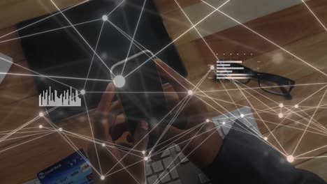 Animation-of-network-of-connections-over-african-american-businessman-using-smartphone