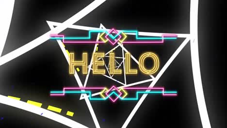 Animation-of-hello-text-banner,-yellow-light-trails-and-neon-triangular-shapes-in-seamless-pattern
