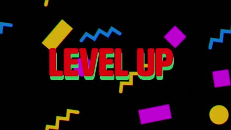 Animation-of-level-up-text-banner-over-colorful-abstract-shapes-against-black-background