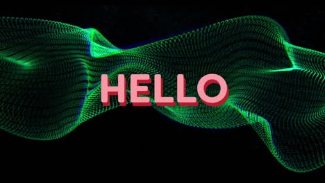 Animation-of-pink-hello-text-banner-over-green-digital-wave-against-black-background