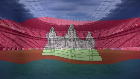 Animation-Der-Schwenkenden-Kambodscha-Flagge-Vor-Dem-Blick-Auf-Ein-Sportstadion