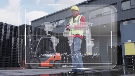 Animation-of-data-on-screens-over-caucasian-male-warehouse-worker-with-smartphone
