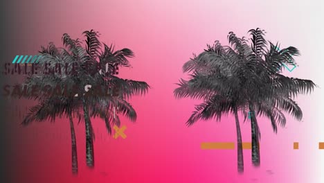 Animation-of-sale-text-banner-over-palm-trees-and-abstract-shapes-against-pink-gradient-background