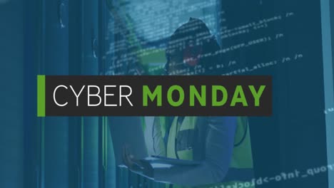 Animation-of-cyber-monday-text-over-african-american-female-engineer-working-at-server-room