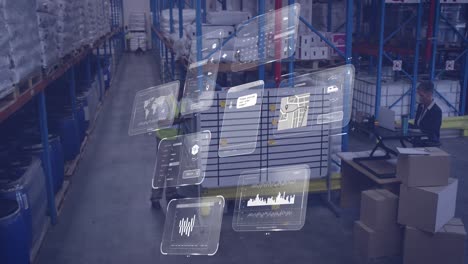 Animation-of-data-processing-on-screens-over-diverse-people-working-in-warehouse