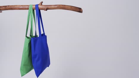 Video-of-green-and-blue-canvas-bags-hanging-from-branch-with-copy-space-on-white-background