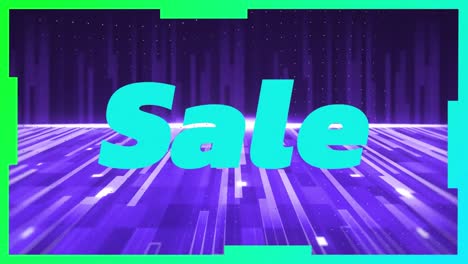Animation-of-sale-text-banner-over-light-trails-in-seamless-pattern-against-purple-background