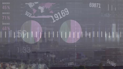 Animation-Sich-ändernder-Zahlen-Und-Statistische-Datenverarbeitung-Im-Vergleich-Zur-Luftaufnahme-Des-Stadtbildes