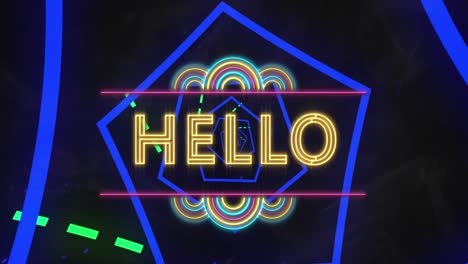 Animation-of-hello-text-banner-over-neon-tunnel-in-seamless-pattern-against-black-background