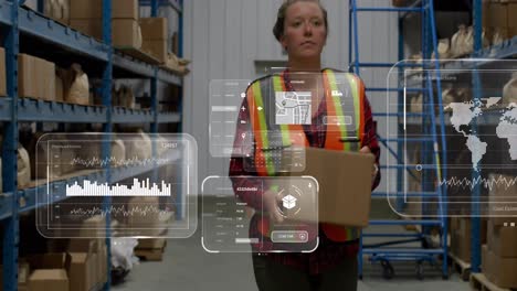 Animation-of-data-processing-on-screen-over-caucasian-woman-working-in-warehouse