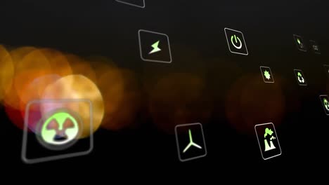 Animation-of-multiple-digital-icons-over-colorful-spots-of-light-against-black-background