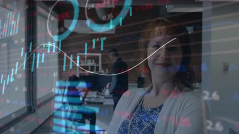 Animation-of-stock-market-data-processing-over-portrait-of-caucasian-woman-smiling-at-office