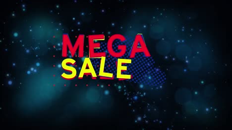 Animation-of-mega-sale-text-banner-over-glowing-blue-spots-of-light-against-black-background