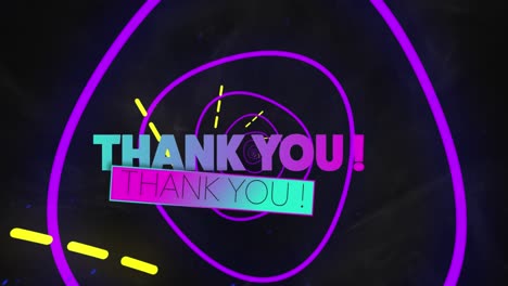 Animation-of-thank-you-text-banner-over-neon-purple-tunnel-in-seamless-pattern-on-black-background