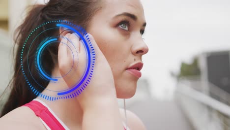 Animation-of-data-processing-over-plus-size-caucasian-woman-with-earphones-exercising-in-city