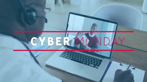 Animation-Eines-Cyber-Monday-Textes-über-Einem-Leitenden-Afroamerikanischen-Arzt,-Der-Einen-Videoanruf-Auf-Dem-Laptop-Führt