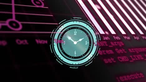 Animation-of-neon-ticking-clock-over-statistical-data-processing-against-black-background