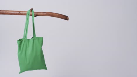 Video-of-green-canvas-bags-hanging-from-branch-with-copy-space-on-white-background