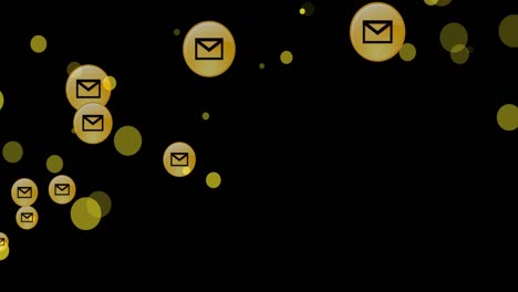 Animation-Von-Gelben-Punkten-Und-Mehreren-Nachrichtensymbolen,-Die-Vor-Schwarzem-Hintergrund-Schweben