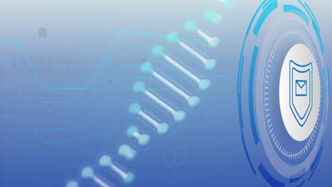 Animation-of-dna-helix,-envelope-in-shield-and-loading-circles-over-lines-against-blue-background