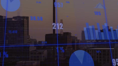 Animation-of-changing-numbers-and-multiple-graphs-over-modern-buildings-against-sky