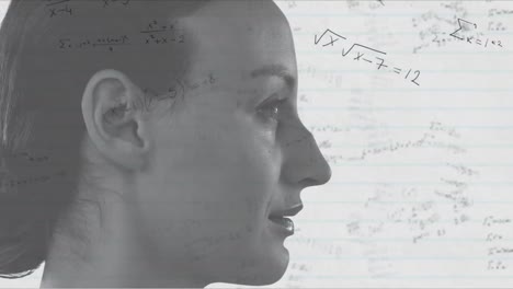 Animation-of-mathematical-equations,-close-up-of-caucasian-woman-standing-against-white-background