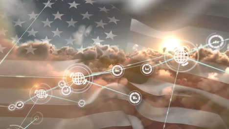 Animation-of-globe-and-graph-icons-connecting-with-lines-over-flag-of-america-and-clouds