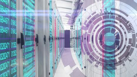 Animation-of-arc-reactor-and-changing-numbers-over-data-racks-in-server-room