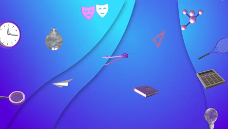 Animation-of-education-and-school-icons-over-blue-waving-background