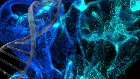 Animation-Der-DNA-Helix-über-Beleuchteten-Blauen-Dynamischen-Wellen-Vor-Schwarzem-Hintergrund