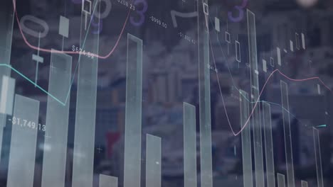 Animation-of-changing-numbers-and-multiple-graphs-over-modern-city-in-background