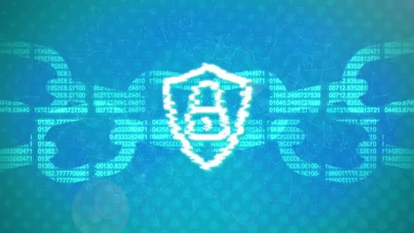 Animation-of-padlock-in-shield,-numbers-forming-blockchain-and-connected-dots-over-blue-background