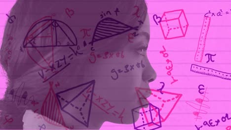 Animation-of-mathematical-equations-and-diagrams,-close-up-of-african-american-woman