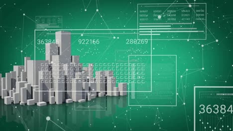 Animation-of-connected-dots-and-numbers-on-screens-over-3d-models-of-buildings-on-green-background