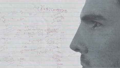 Animation-of-mathematical-equation-over-close-up-caucasian-man-standing-against-white-textured-wall