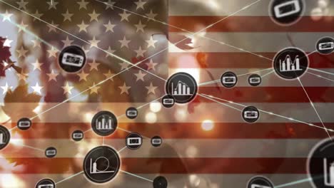 Animation-of-connected-graph-and-phone-icons-over-flag-of-america-and-falling-autumn-leaves