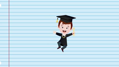 Animation-of-happy-boy-drawing-wearing-mortarboard-and-holding-degree-over-book-page-with-lines
