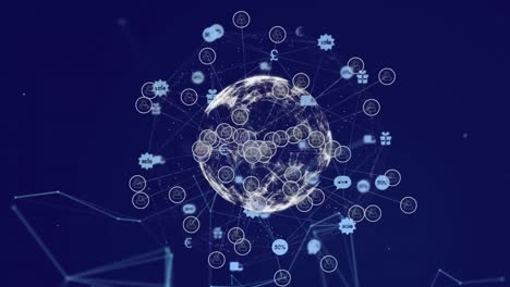 Animation-of-icons-around-globe-over-connected-dots-against-blue-background