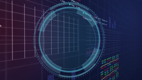 Animation-of-loading-circles,-shield-over-graphs-and-trading-boards-against-black-background