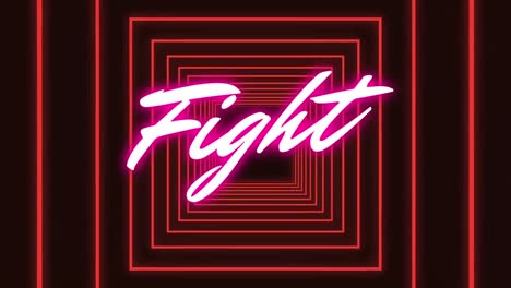Animation-of-neon-fight-text-banner-over-red-square-shapes-in-seamless-pattern-on-black-background