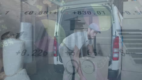 Animation-of-infographic-interface-and-trading-board,-caucasian-man-placing-boxes-in-van