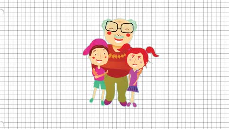 Animation-of-drawing-of-grandfather-hugging-grandchildren-over-grid-pattern-against-white-background