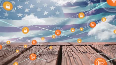 Animation-of-connected-cart-and-lock-icons-over-flag-of-america,-clouds-and-wooden-table