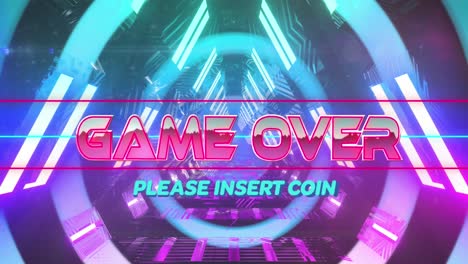 Animation-of-game-over-text-banner-against-neon-tunnel-in-seamless-pattern